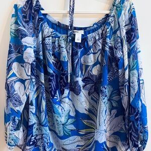 White House Black Market Blue & White Floral Off-Shoulder Blouse
